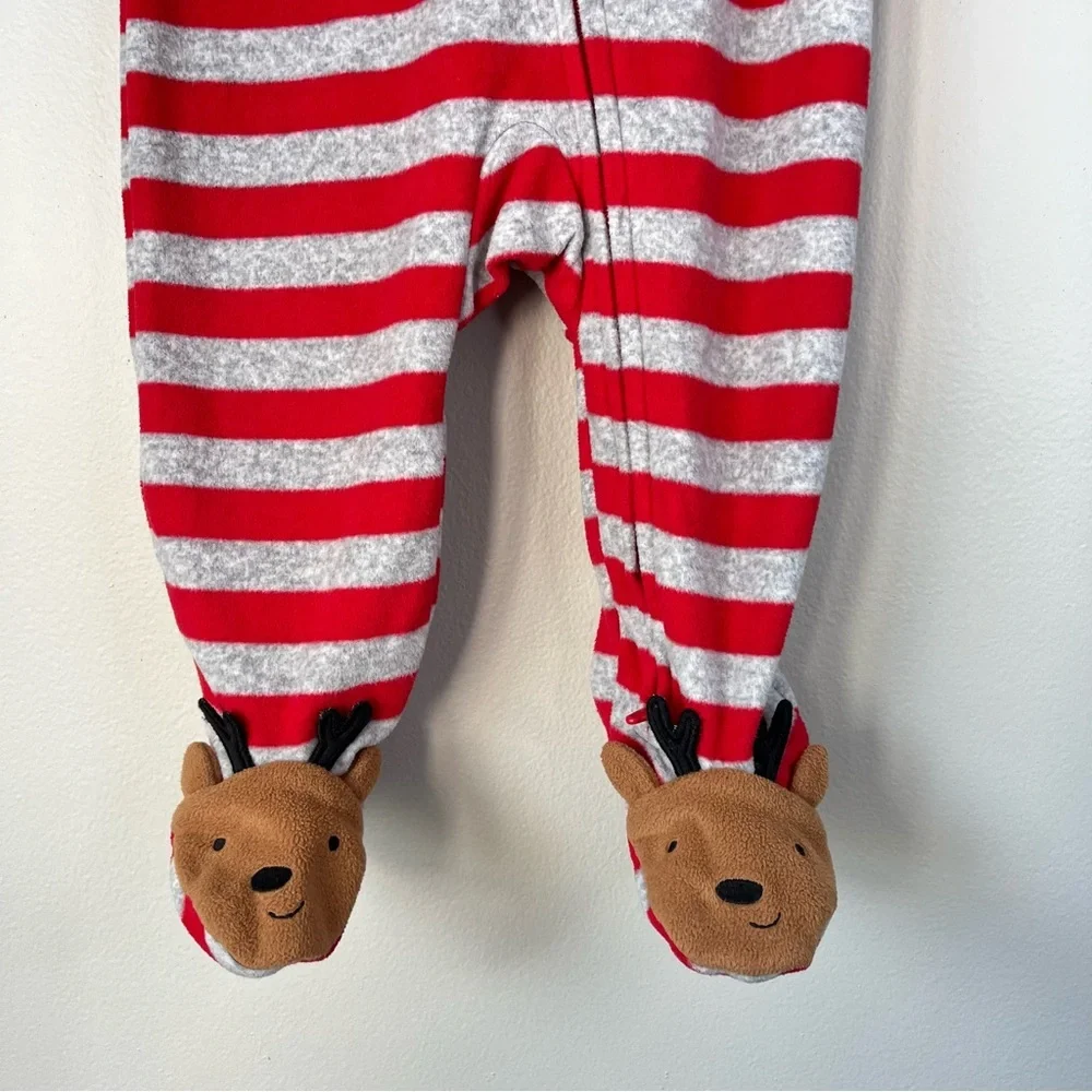 Carter's Baby 6M Red & Gray Striped Fleece Footie Cute Reindeer Feet Holiday
